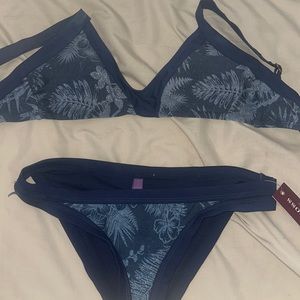 Blue medium two piece bikini, brand new with tags, cut out bottoms